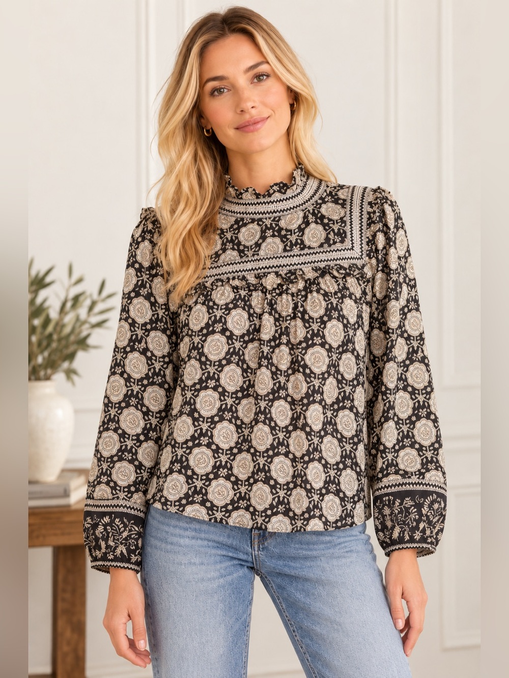 Cleobella Anita Blouse Mystic Block Print Size Small Black Cream Floral